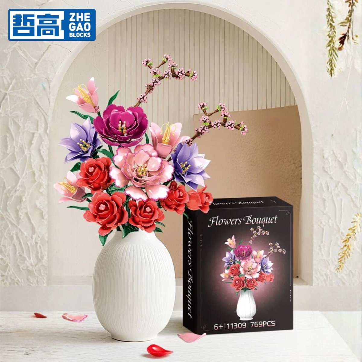 Zhe Gao 11309 Pioenrozen kunst bloemen bouwset | Botanical Flowers Collection modelbouw | Classic Creator STEM speelgoed bouwpakket voor volwassenen en kinderen | Educatief decoratie Kunstbloemen niet geschikt voor Lego | bouwdoos met 769 bouwstenen — afbeelding 8