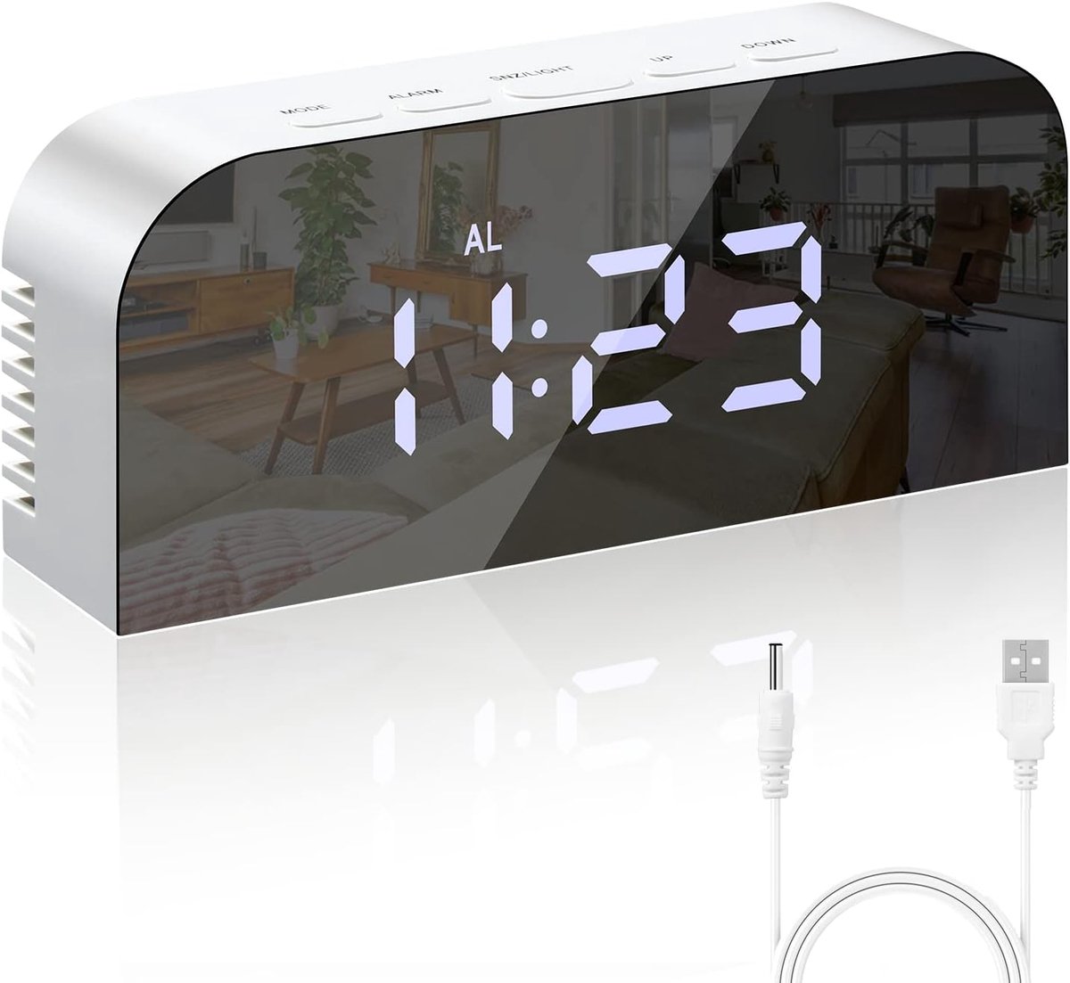 SnelShoppen - Digitale Wekker met Spiegel, LED Klok, 2 Helderheidsniveaus, 12/24 Uur, 2 USB Oplaadpoorten, Moderne Decoratie voor Slaapkamer en Thuis