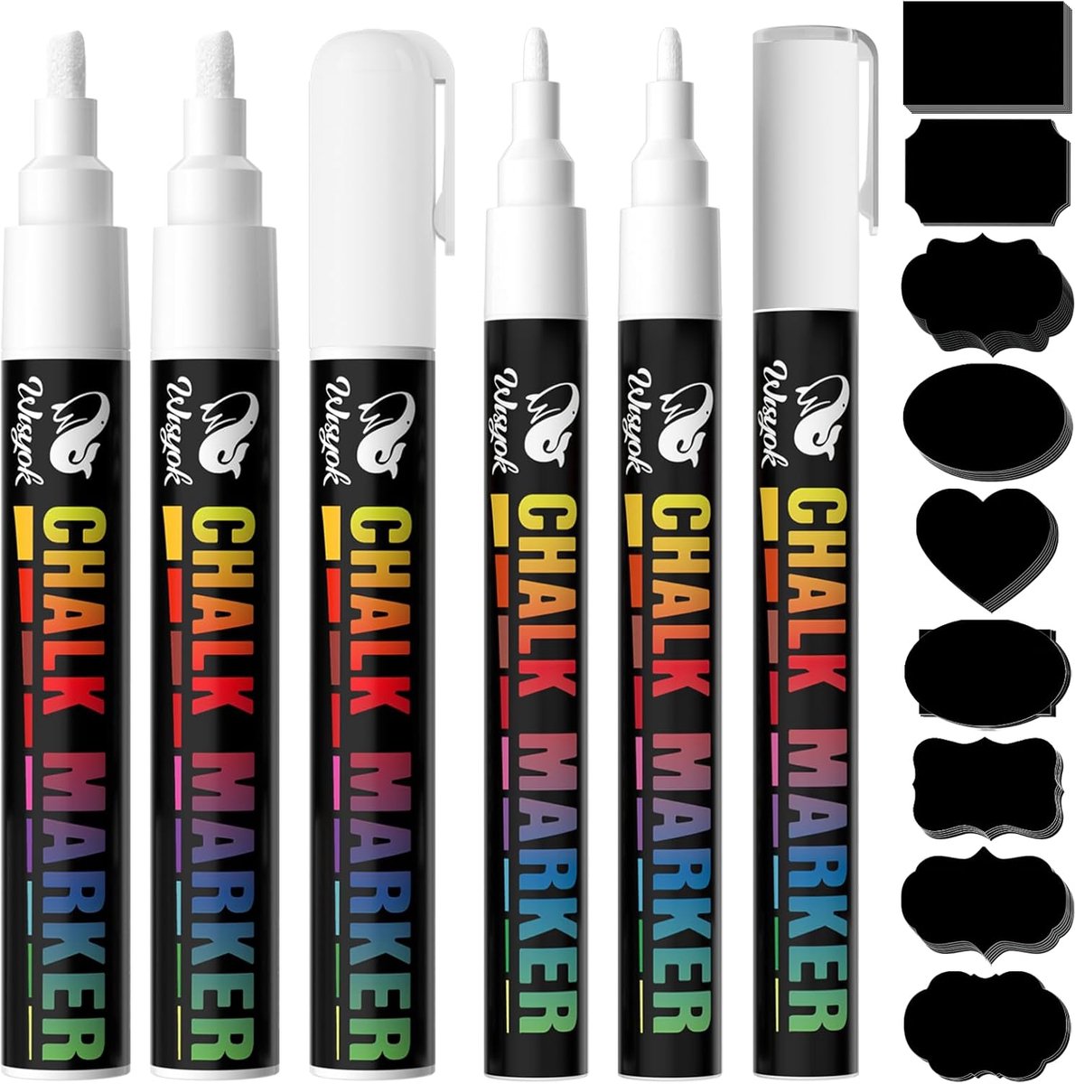 SnelShoppen - Set van 6 Witte Chalk Markers met 45 Labels - 3mm en 6mm Punt - Wasbare Chalk Pens voor Whiteboard, Flipchart, Creatief Gebruik, Veilig