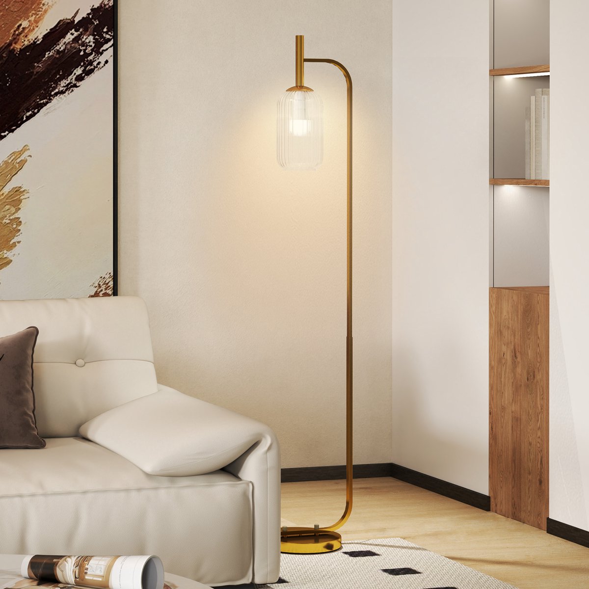 TEKROA® Vloerlamp met Glazen Lampenkap - Staande Lamp voor Woonkamer en Slaapkamer - Voetschakelaar - Metaal -152 cm -goud