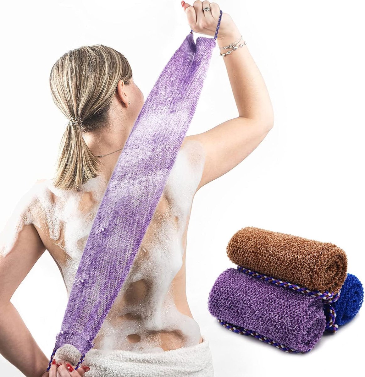 SnelShoppen - 3x Exfoliërende Douche Spons met Handvat - Nylon Afrikaanse Net Spons voor Volledige Lichaamsreiniging - Paarse en Blauwe Kleuren voor D