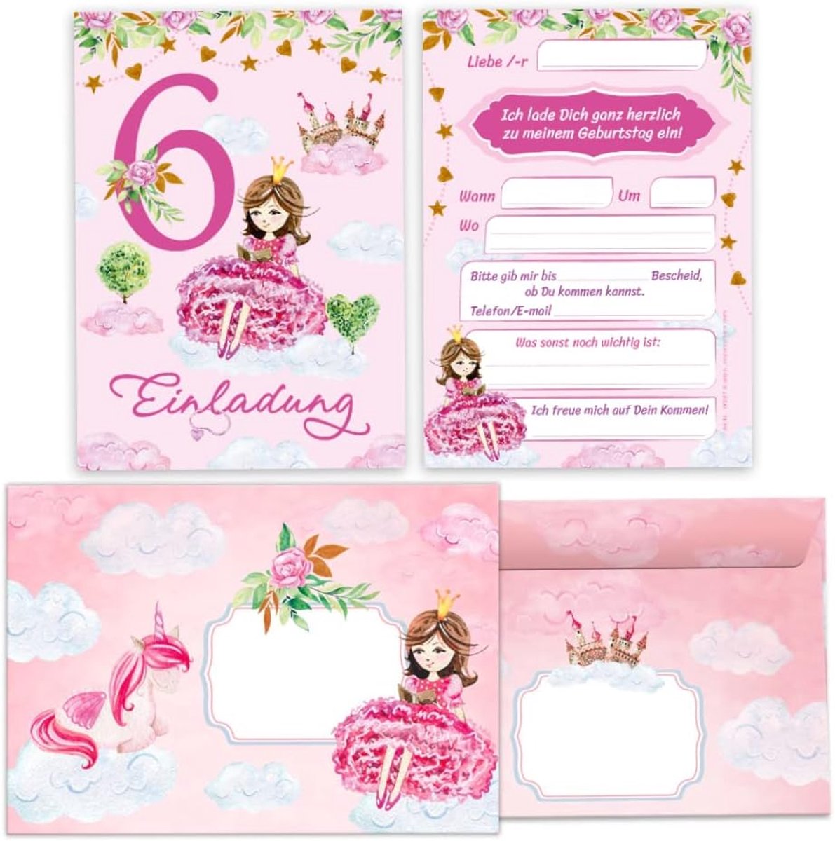 SnelShoppen - 12 Uitnodigingskaarten met Enveloppen - Prinses Thema - Eenhoorn - 6e Verjaardag Meisje - 10.5 x 14.8 cm - Feestuitnodigingen voor Kinde