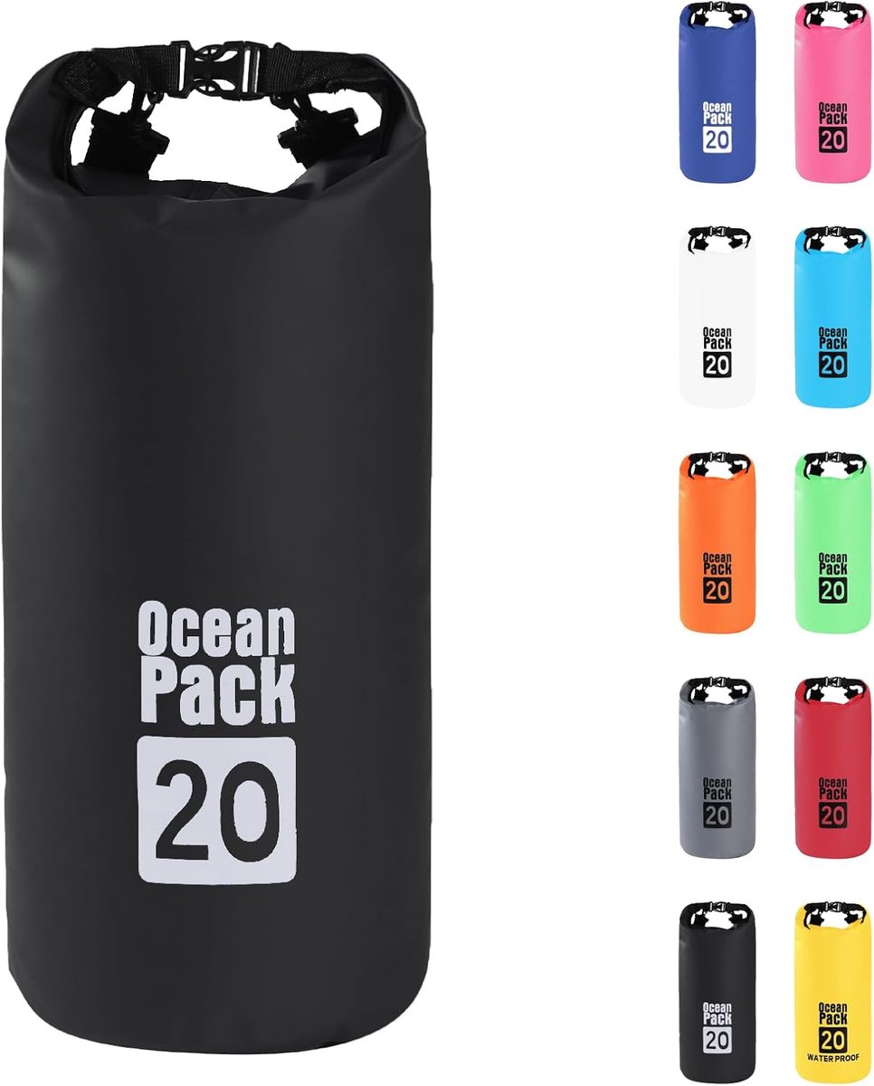 SnelShoppen - 20L Zwarte Waterdichte Rugzak, Droge Tas met Verstelbare Schouderband, Beschermt Telefoon en Kaarten, Roll Top Rugzak voor Zwemmen, Raft