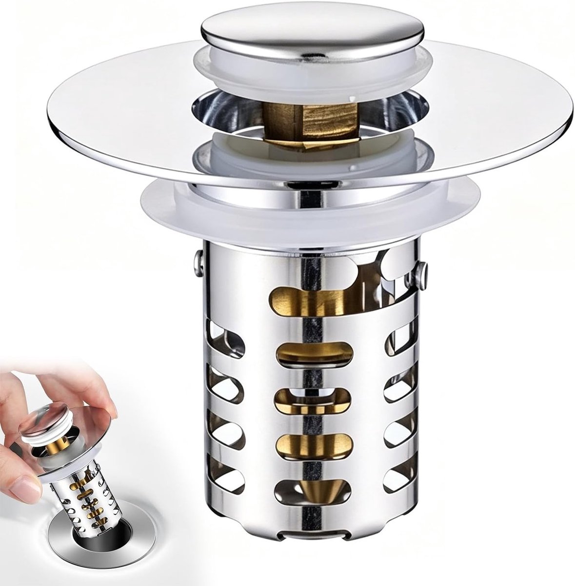 Pop-up wastafelstop met zeef en uitneembaar filter voor haren en vuil, ideaal voor badkamer en gastenbad; 60 x 47 mm stop voor 28-40 mm afvoer, duurzaam en gebruiksvriendelijk.