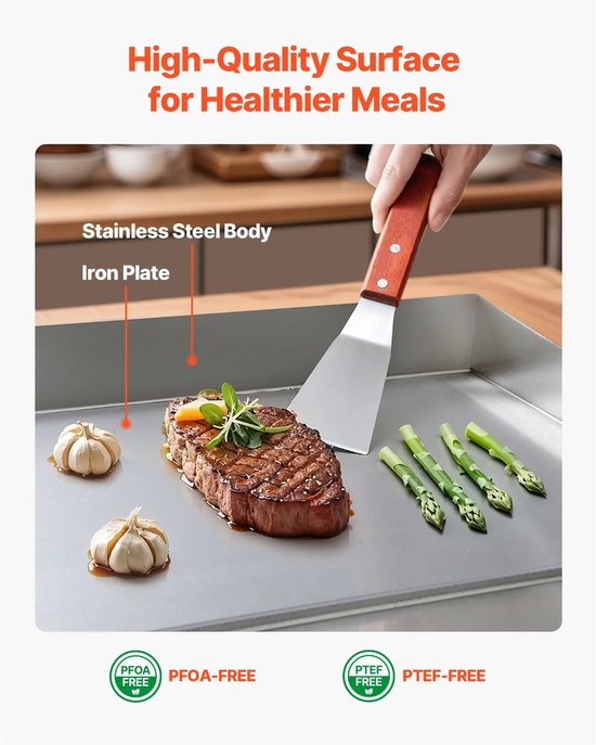 Velmio Elektrische Grill/Bakplaat - 22 Inch Half grill - Teppanyaki Bakplaat - Grillplaat - Elektrische Grill - Grill apparaat RVS - 1600 W/3200 W - 50℃ tot 300℃ - Voor Professioneel en Thuisgebruik - Inclusief 2 Spatels & Kwastjes — afbeelding 3