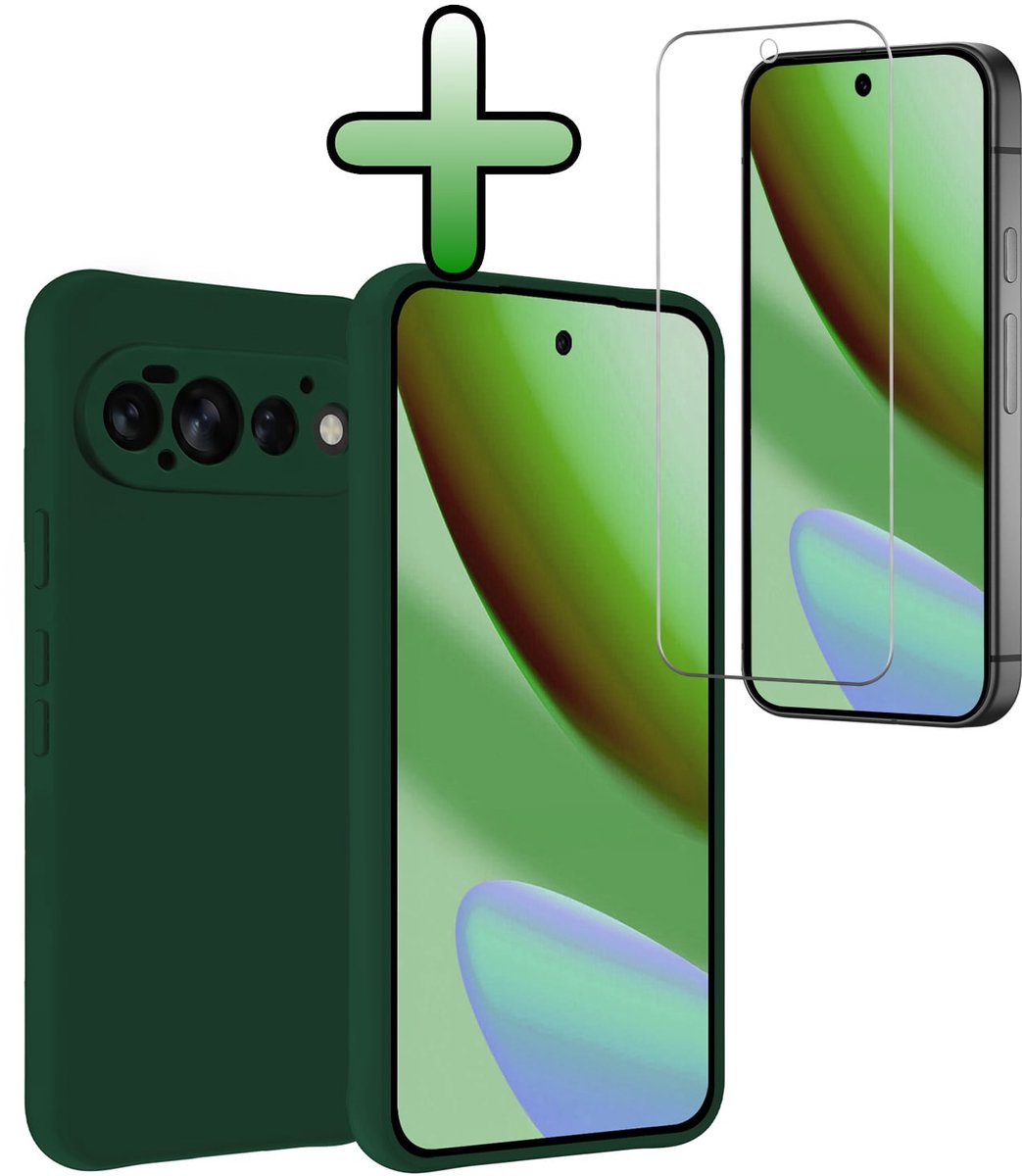 Hoesje Met Screenprotector - Geschikt voor Google Pixel 11 Pro - Sterk & Shockproof - Back Cover - Siliconen Case - Telefoon Hoes - Donkergroen
