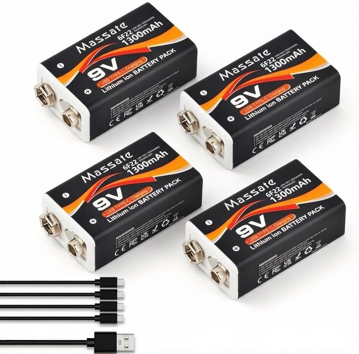 SnelShoppen - 4 Stuks 9V Oplaadbare Batterijen 1300 mAh USB-C Lithium-Ion Accu, Duurzame 9 Volt Batterij voor Rookmelders, Gitaarpedalen, Microfoons