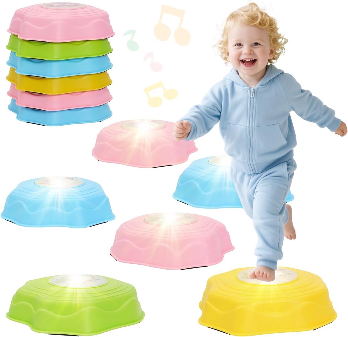 Balansstenen voor Kinderen met Licht en Muziek, 6 Stuks, Stapelbaar en Antislip, Bevorder Balance en Motorische Vaardigheden, Geschikt voor Binnen en Buiten