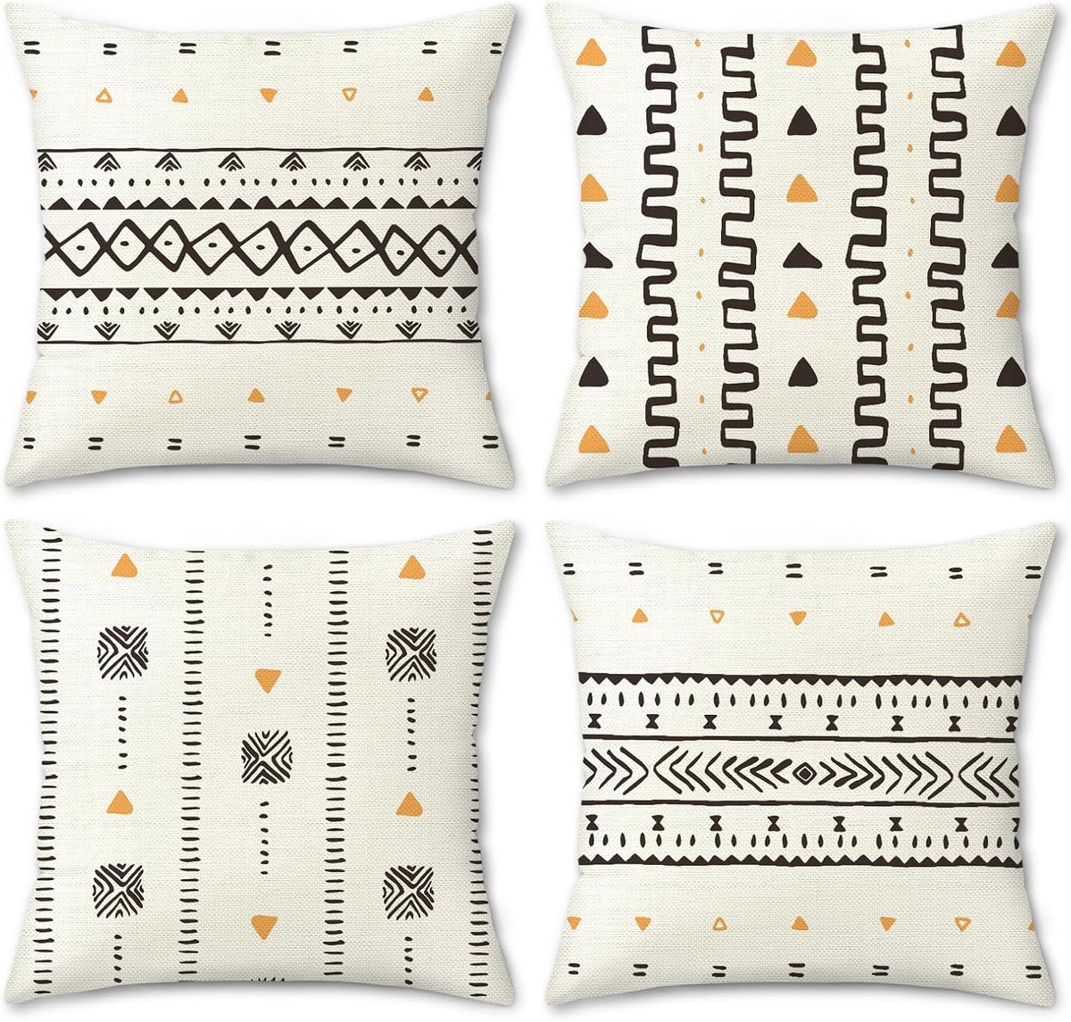 SnelShoppen - Boho Kussenslopen Set van 4, 45x45 cm, Zwart-Wit Geometrisch, Polyester, Modern Stam Design voor Bank, Woonkamer, Slaapkamer, Boho Terra