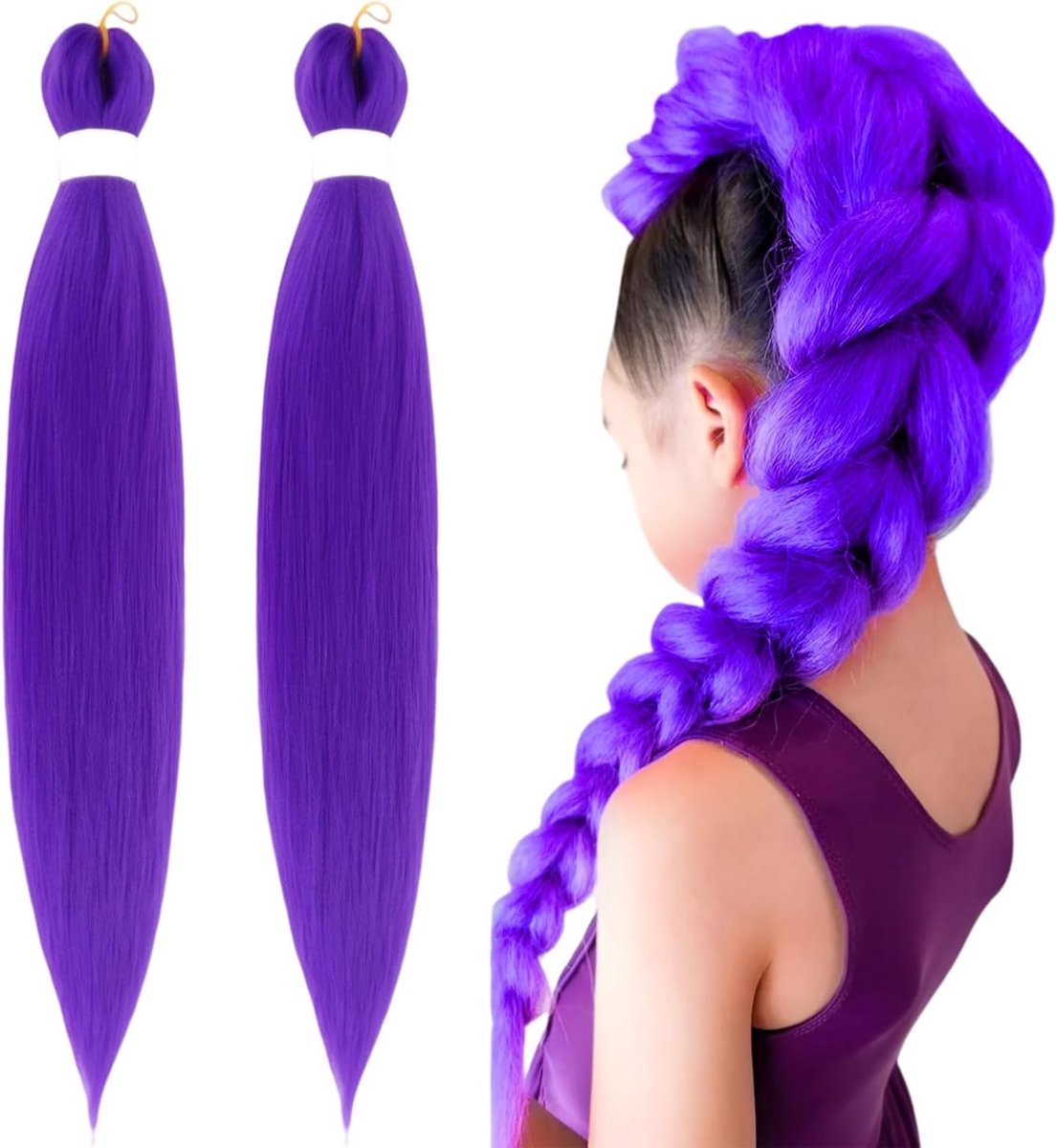Lange paarse haarextensions van 26 inch voor vlechten, synthetisch haar voor kostuums en cosplay, ideaal voor Halloween en feesten (Pack van 2)