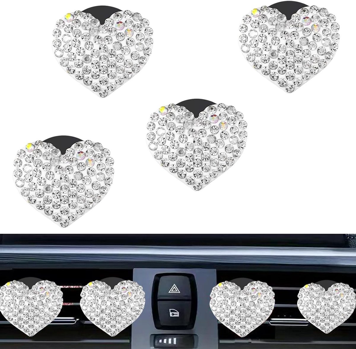Hartvormige auto-luchtverfrisser set van 4, strass ventilatieclips met geurtabletten, stijlvolle autodecoratie voor interieur en dames