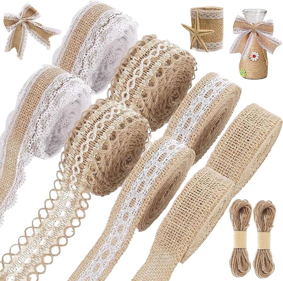 SnelShoppen - Jute Ribbon with Lace Set - 8 Rollen Natuurlijke Jute Band met Kant - 1 Meter per Roll - Inclusief 2 Jute Touwen - Perfect voor Cadeau D