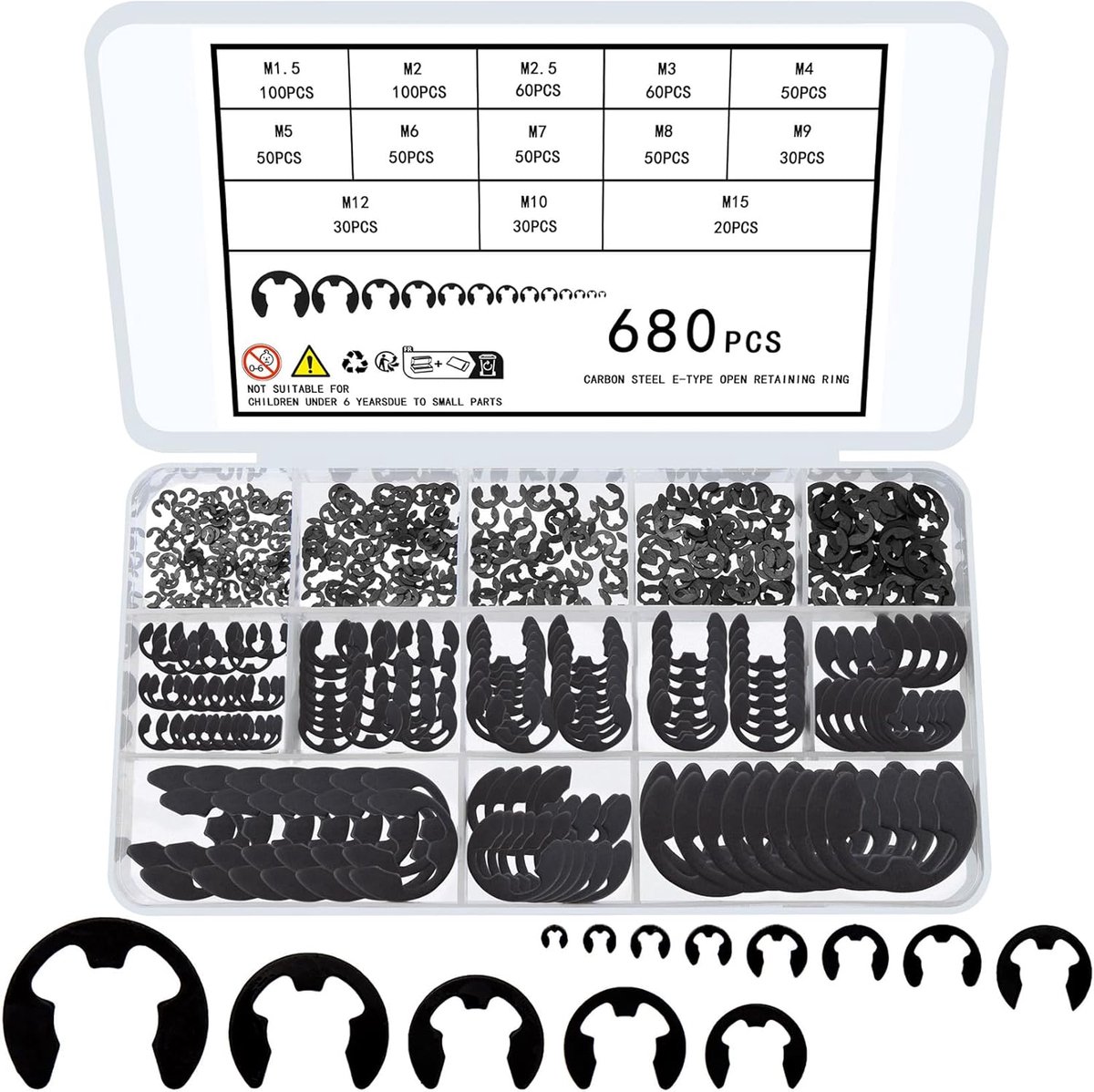 SnelShoppen - 680pcs E Clips, Retaining Rings Assortiment Diverse Maten, Externe Retaining Rings E Clips C Clips Snap Rings, Zwart Koolstofstaal, M1.5