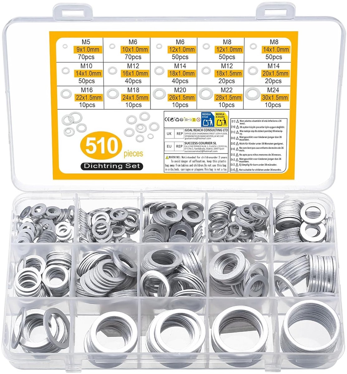 SnelShoppen - 510 Stuks Aluminium Vlakke Ringen voor Schroeven, Metalen Ringen voor Bouten, M5 M6 M8 M10 M12 M14 M16 M18 M20 M22 M24 Assortiment Ringe