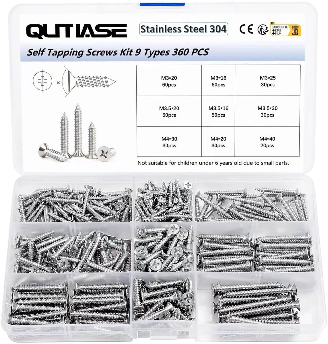 SnelShoppen - 360 Stuks Houtschroeven Set, Zelftappende Schroeven Assortiment M3 M3.5 M4, Ronde Tappen, Roestvrij Staal 304, 16/20/25/30/40mm, Ideaal