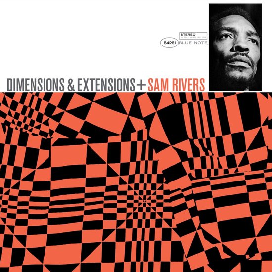 Albumhoes van 'Dimensions & Extensions' van Sam Rivers. Een zwart-wit portret van Sam Rivers boven een grafisch patroon van oranje en zwarte vierkanten.
