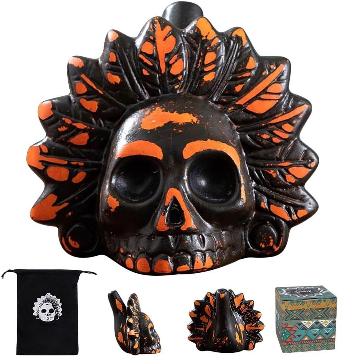 Authentiek Azteekse doodfluitje, 125 dB schreeuwend fluitje voor Halloween en Dag van de Doden, inclusief trekkoord tas en demonisch geluid
