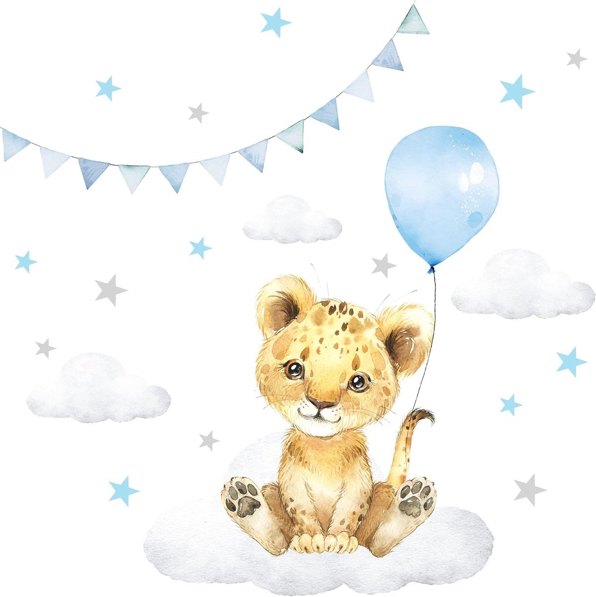 SnelShoppen - Little Deco Wandsticker Kinderen - Dieren Muursticker Leeuw met Ballon en Wolken - Zelfklevende Decoratie voor Kinderkamer - Blauw 78x60