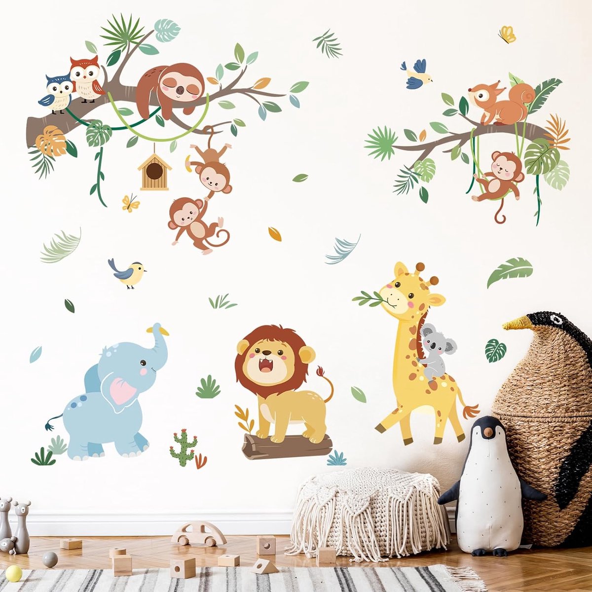 SnelShoppen - Muurstickers Jungle Dieren voor Kinderen, Boomtak Wanddecoratie, Zelfklevend Vinyl, Veilige en Milieuvriendelijke Muurstickers voor Baby