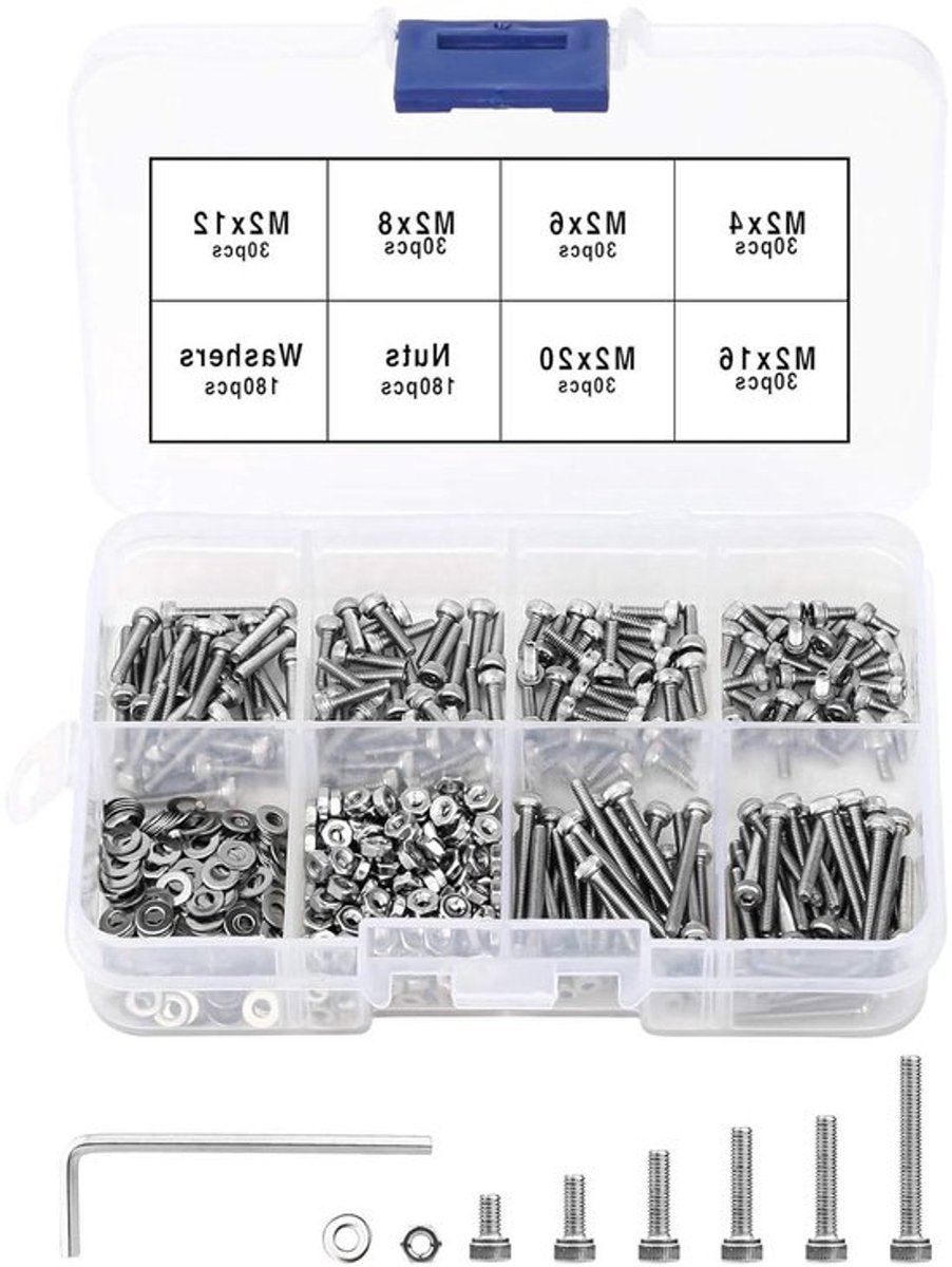 Kopschroef set roestvrij staal zeskantknop moeren assortiment (540 stuks M2) met moersleutel - Duurzame paraplu schroeven inclusief sluitringen