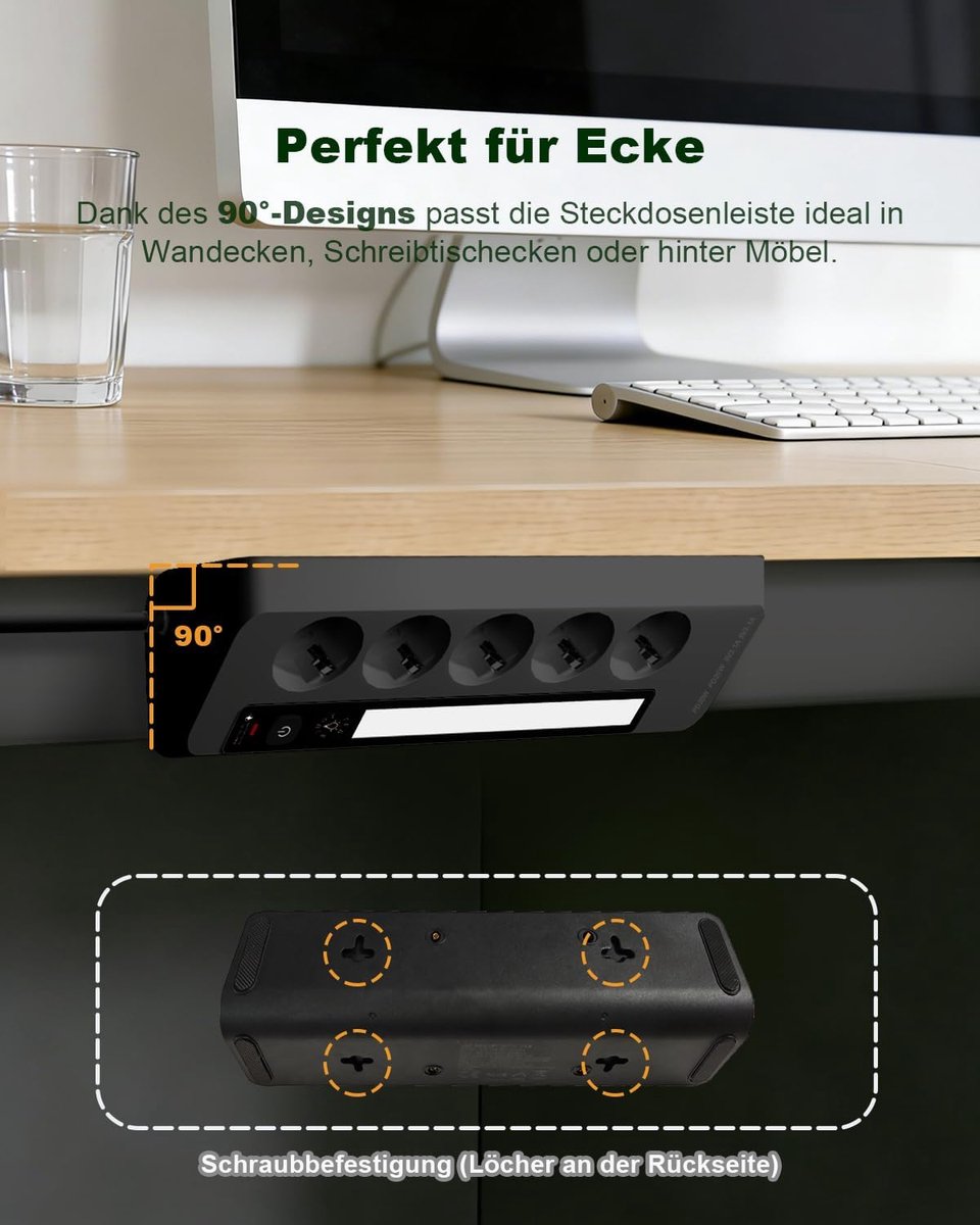 SnelShoppen - Hoekkeuken Stekkerdoos met USB C PD 20W, Ruimtebesparende Wandplug met 3-Fasen Dimbare LED & Schakelaar, 5-Voudige Meervoudige Stopconta