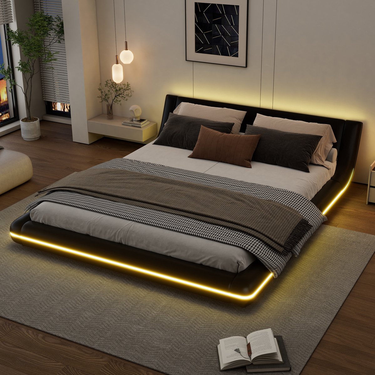 COVREO bed 160x200 cm - kunstleer en MDF, LED-verlichting, lattenbodem, zwart