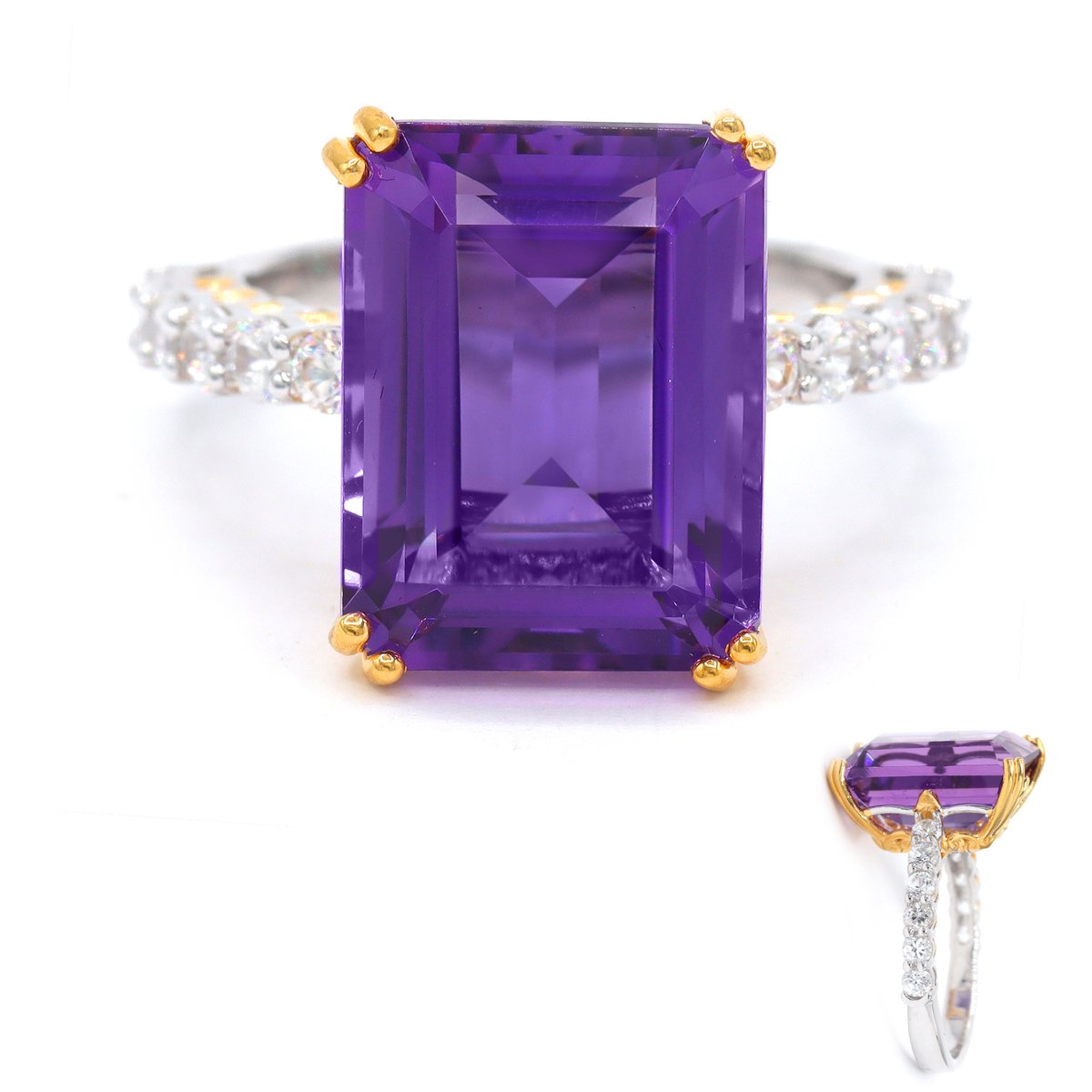 Cavill - 925 Sterling Zilver Ring - Braziliaanse Amethist Achthoekig 10,16 ct - 12 Zirkonia 0,92 ct - Elegante Grote Amethistring Dames
