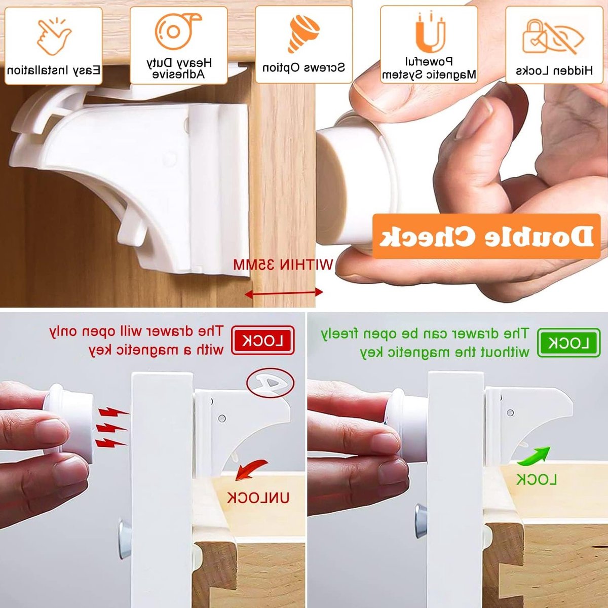 4 Pcs Kindbeveiliging Kast - 1 Magnetische Kinder Lock Sleutel - Baby Veiligheid Magnetische Kast Slot - Onzichtbare Baby Veiligheid Lade Bescherming - Geen Boren en Schroeven – foto 2