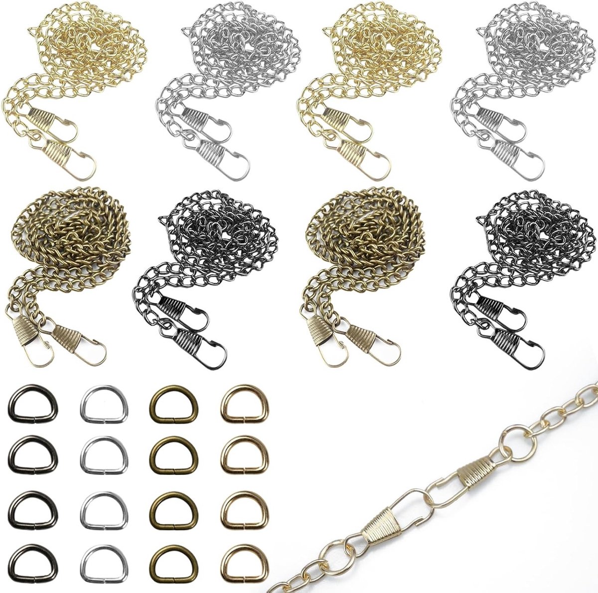 Set van 8 Tas Kettingen met Gespen, Metalen Schouderband, Ketting voor Tassen, Handtas Accessoires, D Ringen voor Vrouwen, Ideaal voor Schoudertassen en Handtassen (120 cm)