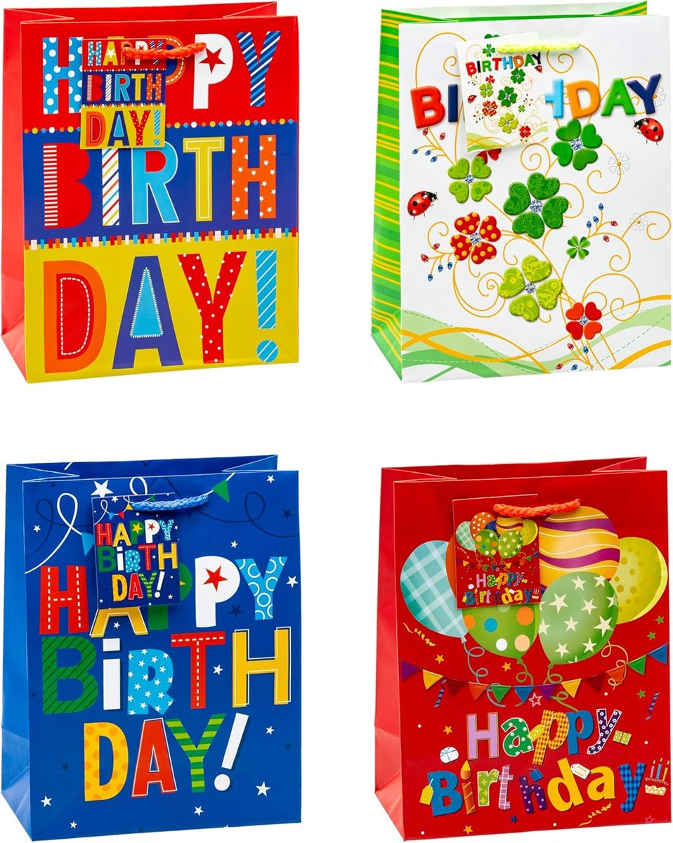 SnelShoppen - Happy Birthday Cadeautassen Set van 12 - Medium (23x18x10 cm) - Matte PP Film - Waterdicht en Scheurvast - Feestelijke Motieven - Perfec