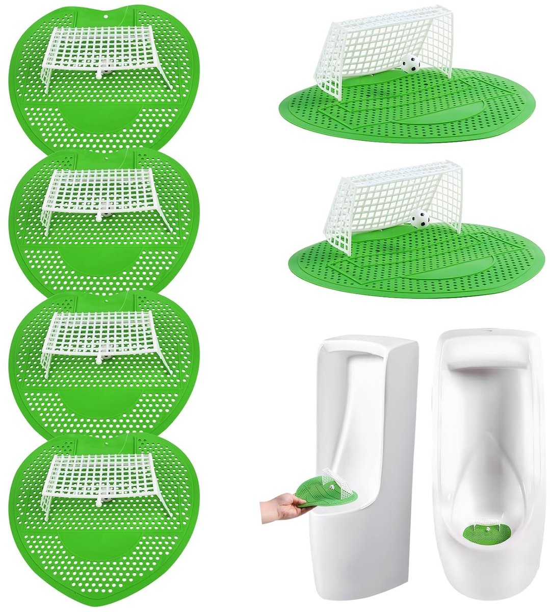 Set van 6 geurige urinoir zeefjes in voetbaldoellook, spatbescherming en decoratieve inzetstukken voor scholen, kantoren en winkelcentra, duurzaam en veelzijdig gebruik