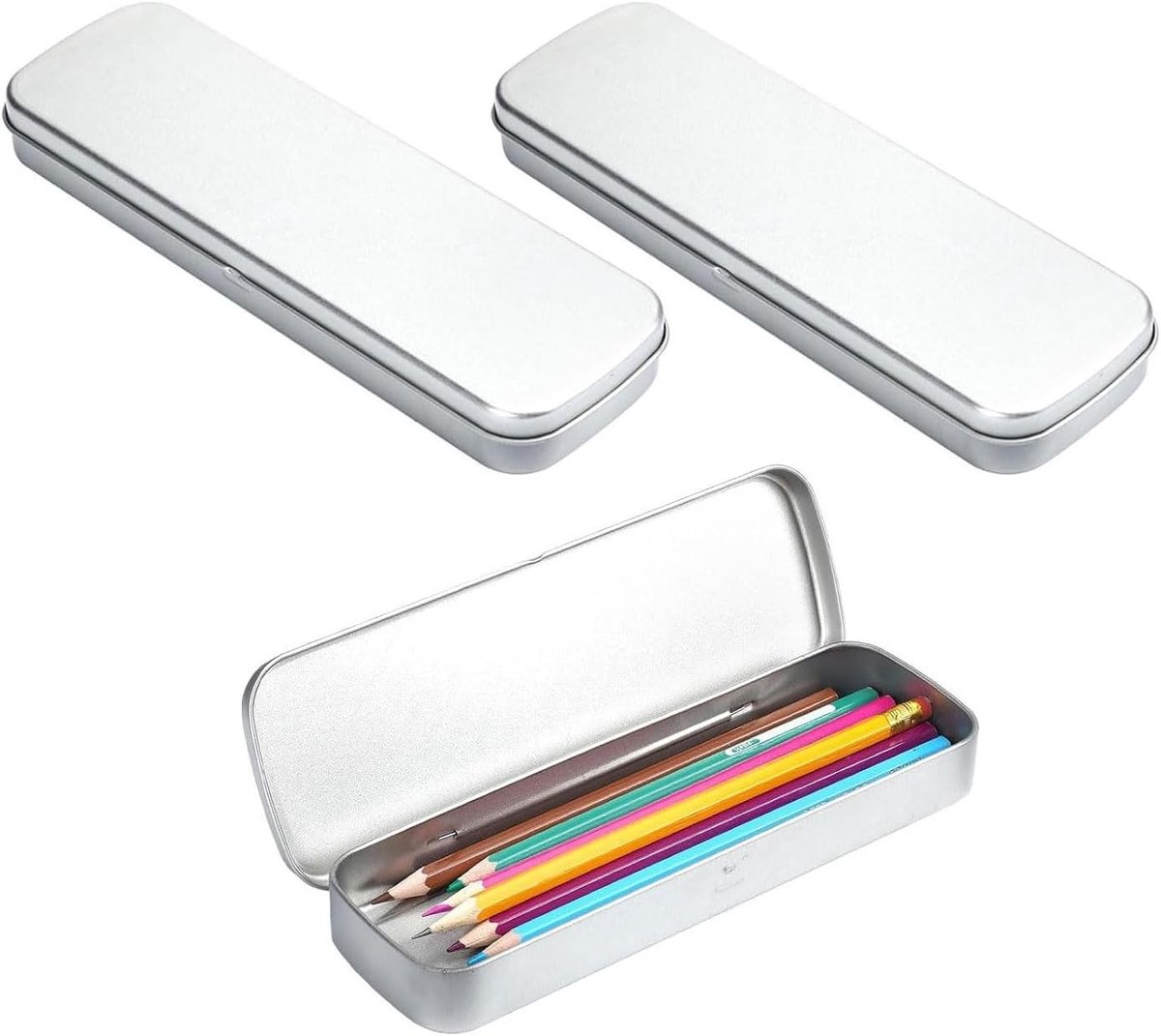 Set van 3 metalen pennenboxen, rechthoekige opbergdozen met deksel, ideaal voor schoolbenodigdheden en bureau-organisatie