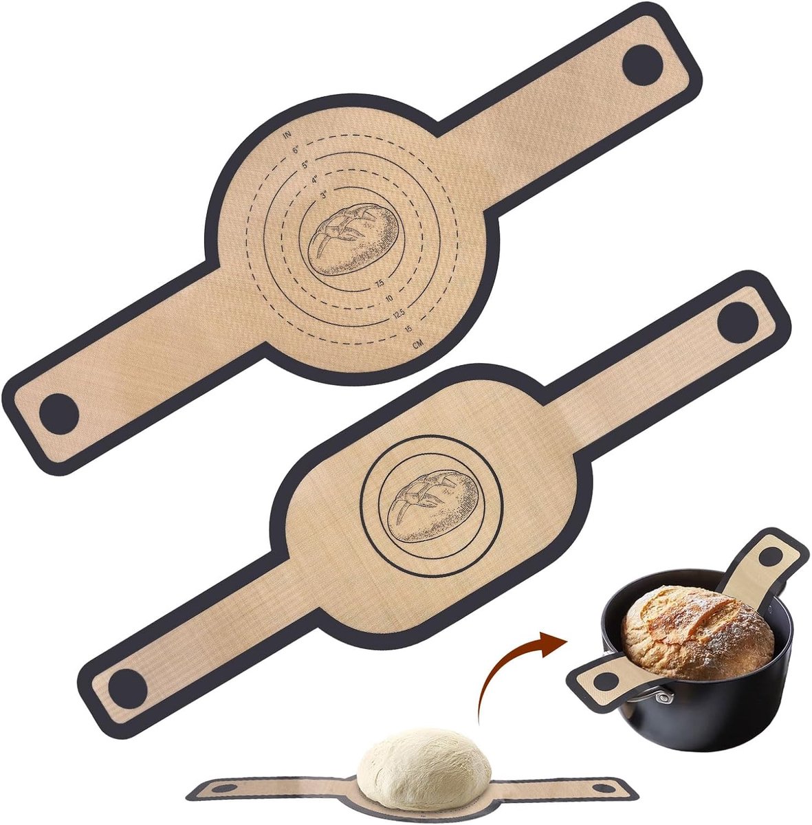 SnelShoppen - 2pcs Silicone Baking Mat voor Brood, Non-Stick Mat met Lange Handvatten, Herbruikbare Bakmat voor Broodpot en Oven, Rond + Ovaal, Hoogwa