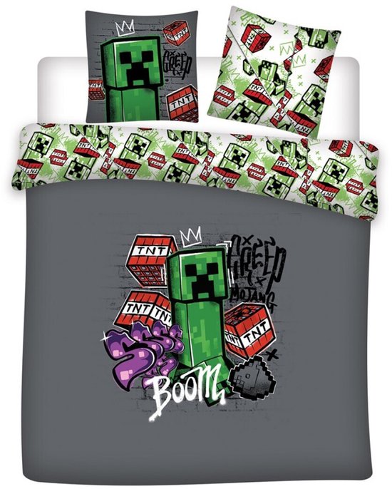 Donkergrijs dekbedovertrek met Minecraft Creeper en TNT-blokken. Kussensloop met Creeper en TNT-print.