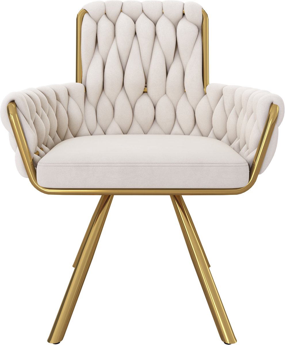 Welltin Fluwelen eetkamerstoel - Set Van 6 - Stoel, Eettafelstoel, Stoelenset, Fauteuil, Draaistoel, Relaxstoel met 4 metalen steunpoten - Beige