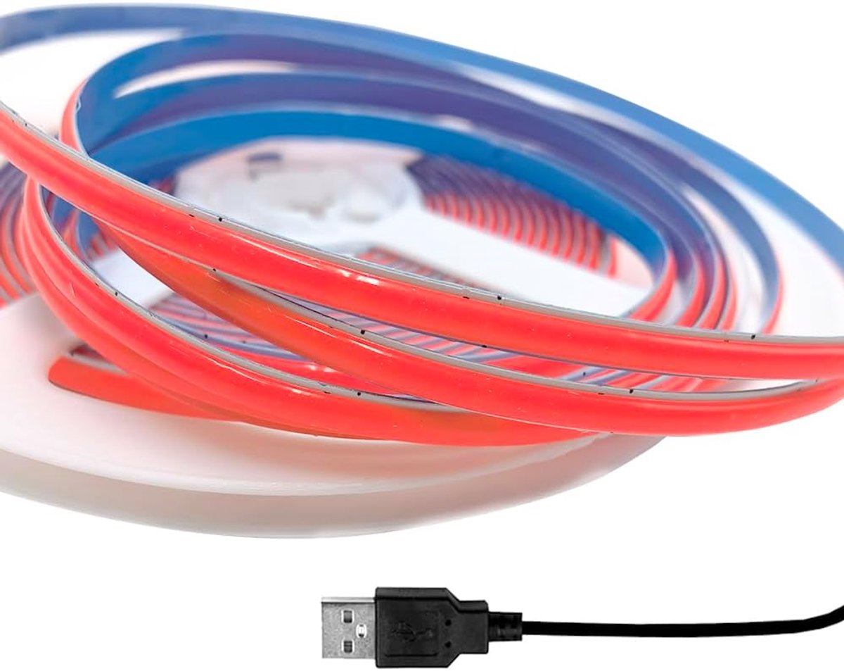 SnelShoppen - COB LED Strip 5V 400 LEDs/m 5mm Dotless Flexibele Verlichting voor Kast, Thuisverlichting, Rood, 625nm, 1m, USB Aansluiting