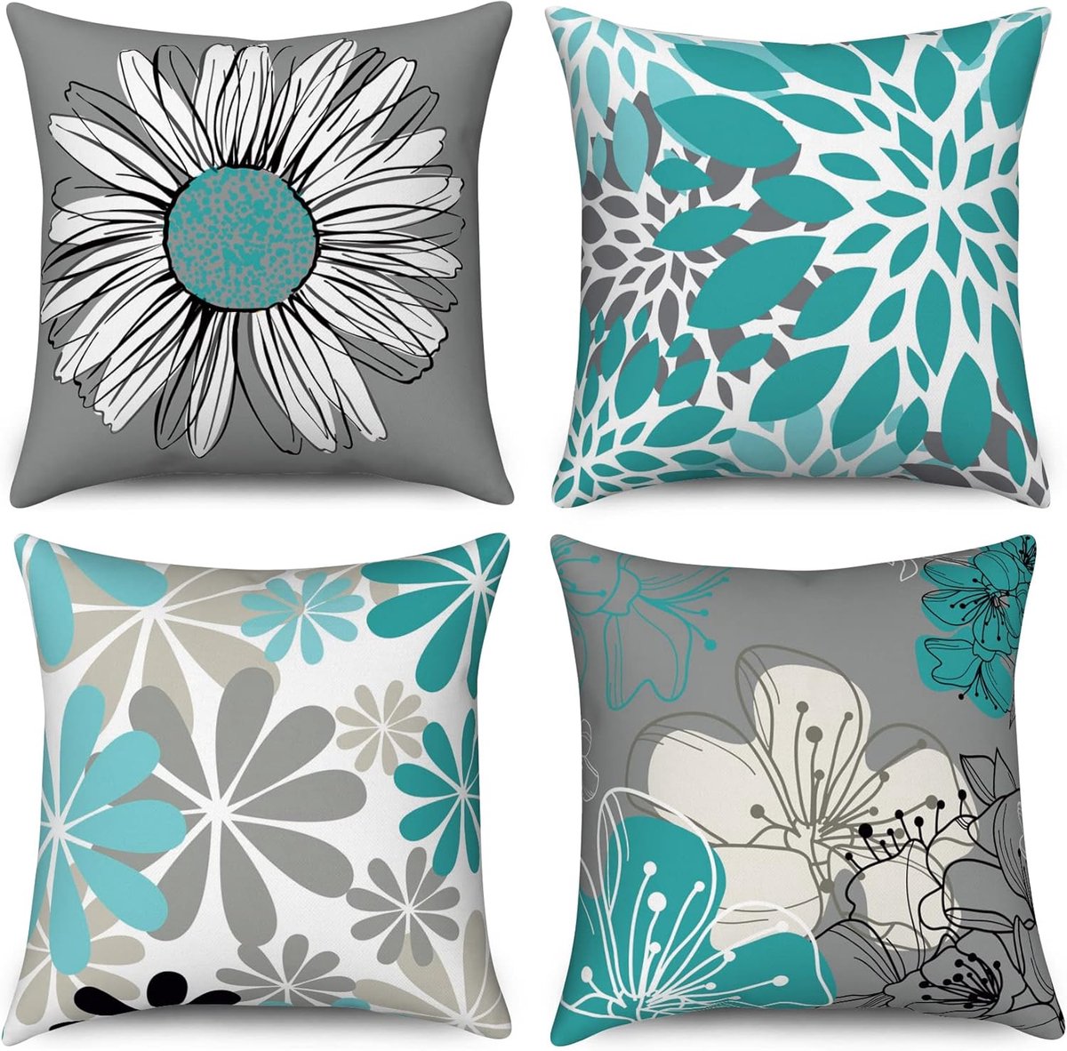 SnelShoppen - Teal Kussenhoezen 45x45 cm Set van 4, Modern Bloem Motief, Boho Linnen, Sofa en Tuin Decoratie, Ideaal voor Binnen en Buiten