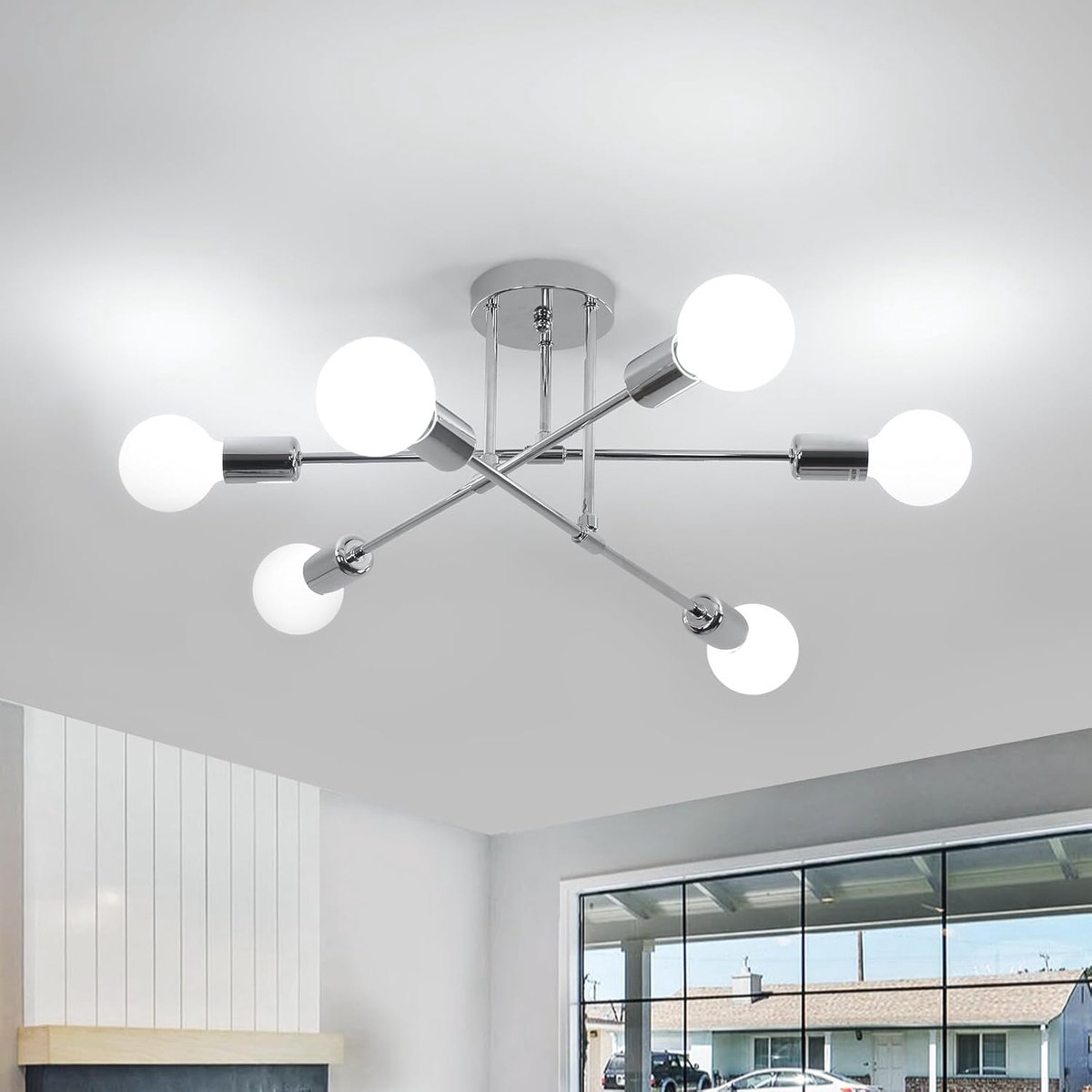 SnelShoppen - Vintage Industriële Plafondlamp 6 Fittingen E27 Retro Chrome voor Keuken, Woonkamer, Slaapkamer - Moderne Verlichting
