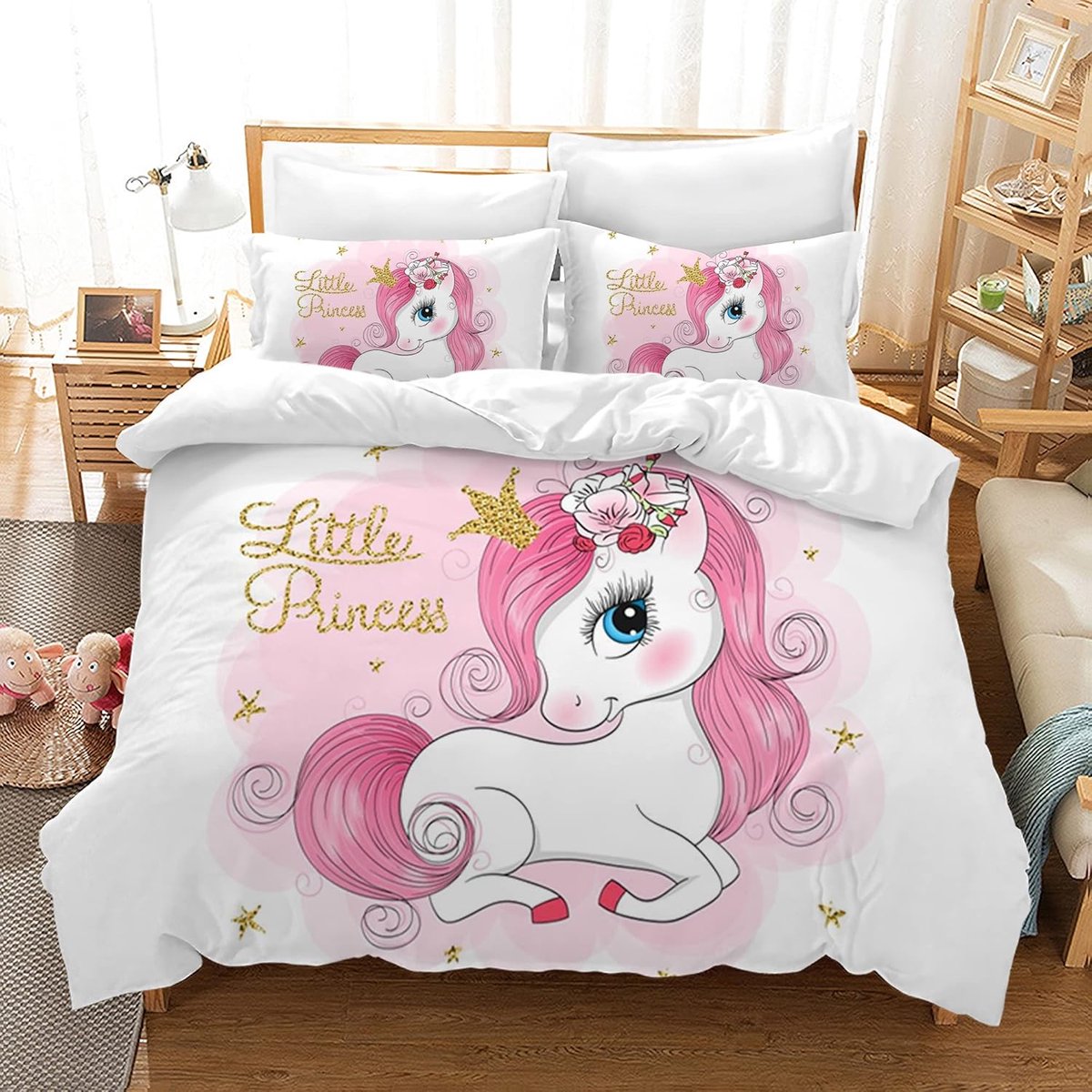 SnelShoppen - Unicorn Dekbedovertrek voor 2 Personen met Rits, Roze Eenhoorn + 2 Kussenslopen 65 x 65 cm (A1, 140 x 200 cm)