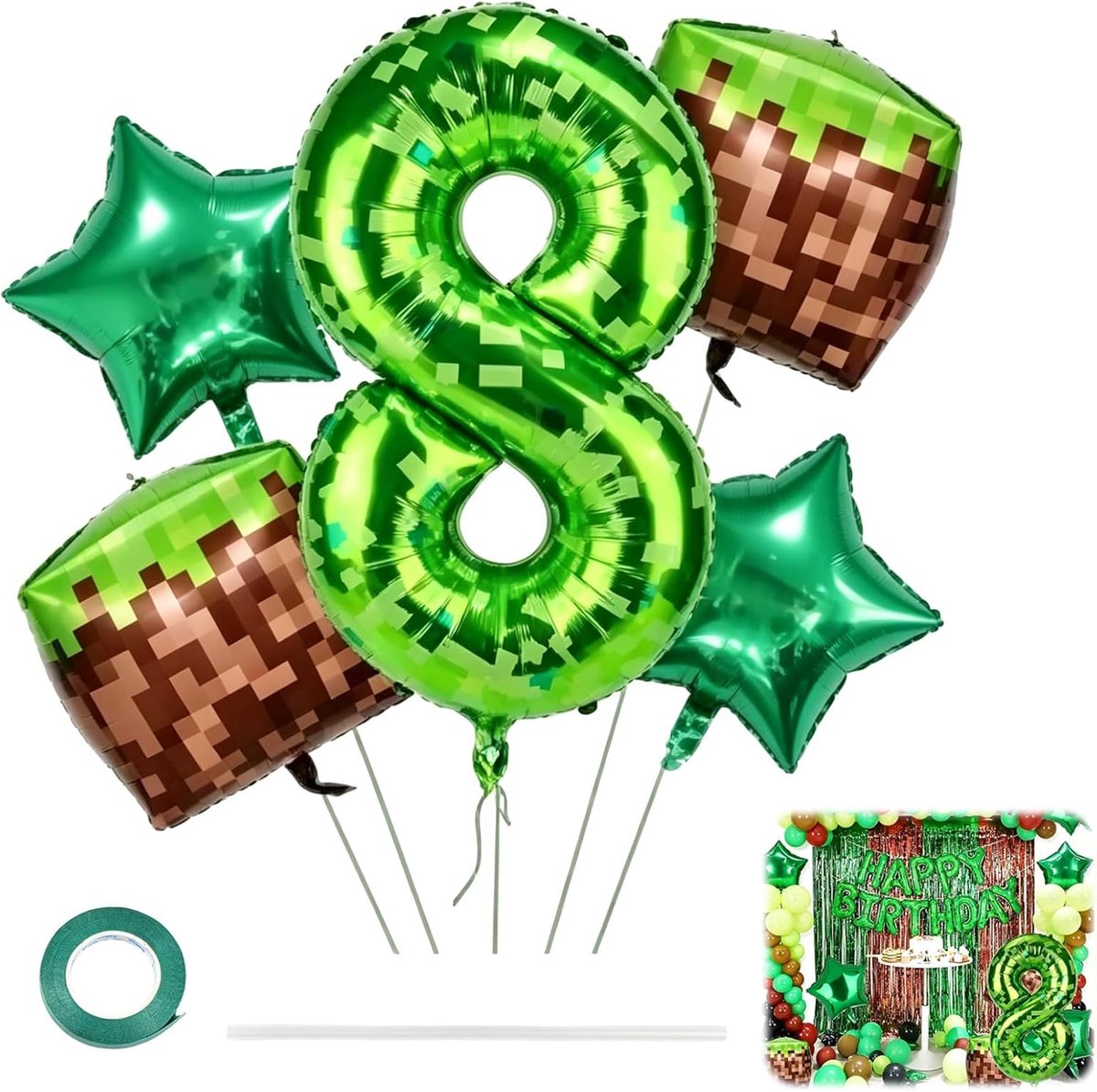 Thijox - 5 stuks folieballonnen cijfer 8 en groene pixelballonnen - verjaardagsdecoratie jongens - 100 cm - themadecoratie spelfeest 8 jaar