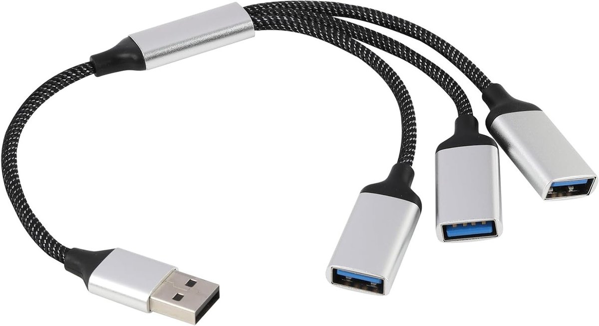 USB splitter kabel, 1 plug naar 3 female aansluitingen, ideaal voor opladen en dataoverdracht, geschikt voor laptops en andere elektronische apparaten