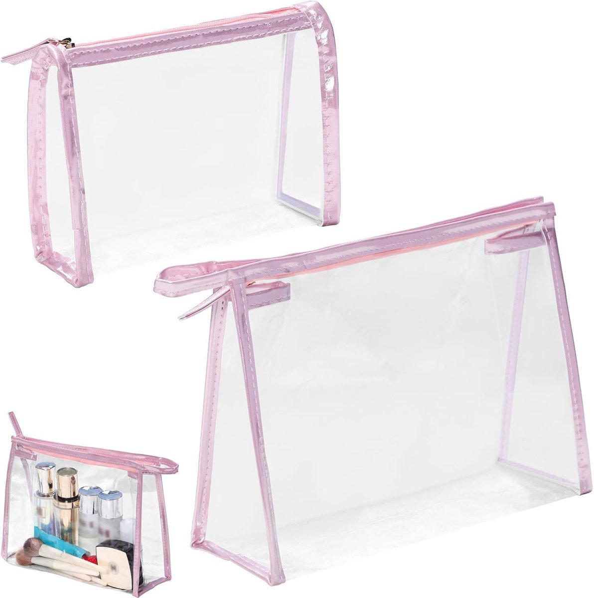 SnelShoppen - Travel Cosmetic Bag Set van 2 - Transparante PVC Waterdichte Toilettas voor Vrouwen - Lekvrij, Zipper, Handbagage, Roze, Ideaal voor Rei