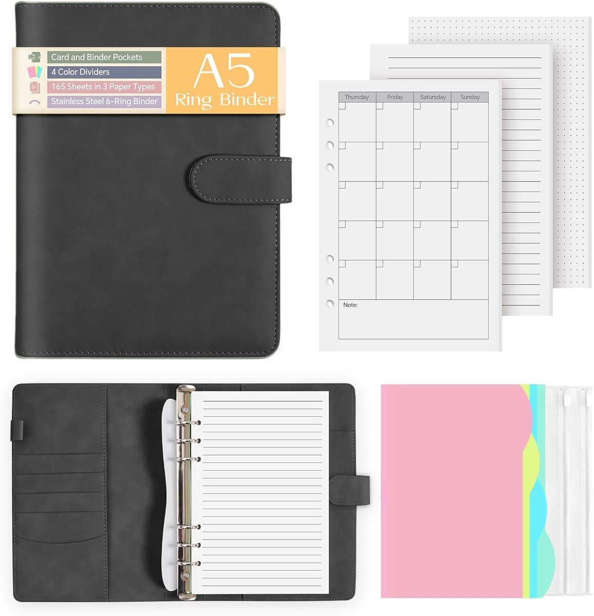 SnelShoppen - A5 Ringband Notitieboek met 165 Pagina's, PU Leer Organizer met Inzetstukken, Ritsen en Kaarthouders, Perfect voor School, Kantoor, Reiz