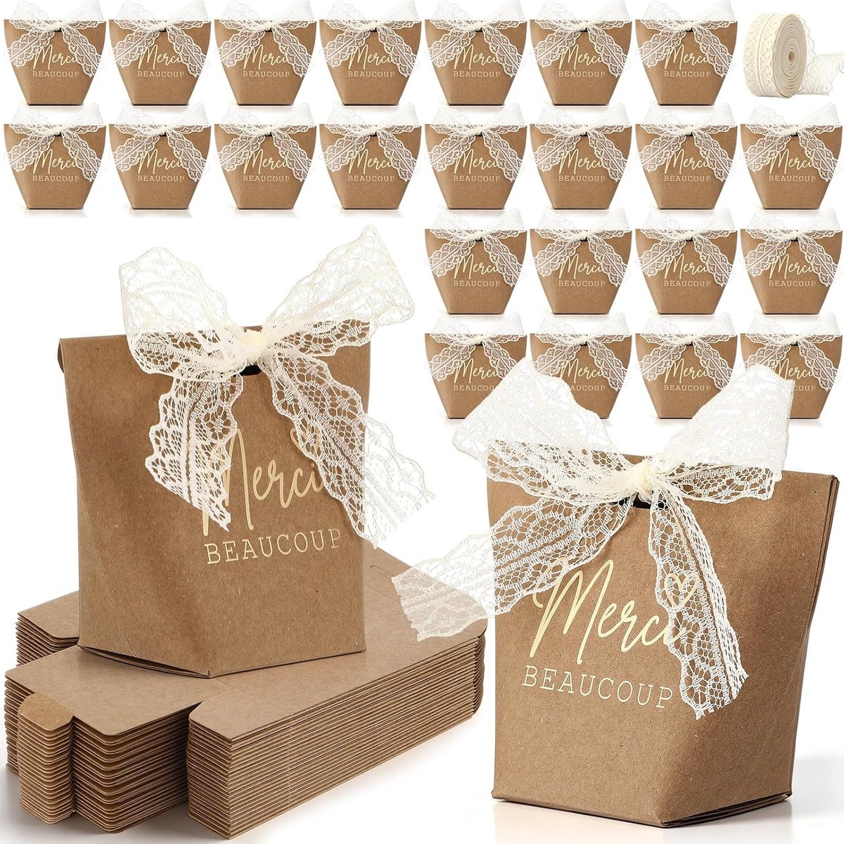 SnelShoppen - 25 Bruiloftbedankdoosjes Met Lint - Snoepzakjes Cadeauverpakkingen Voor Bruiloften, Verlovingen, Verjaardagen, Doopfeesten, Communies, F