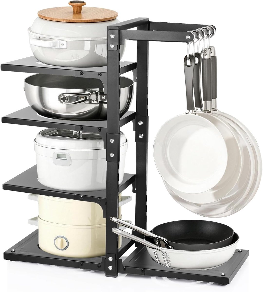 SnelShoppen - 4-Tier Pot en Pan Organizer Rack - Verstelbare Keuken Kastopbergers met Haken - Zwart Metaal - Ruimtebesparende Kookgerei Houder voor Pa