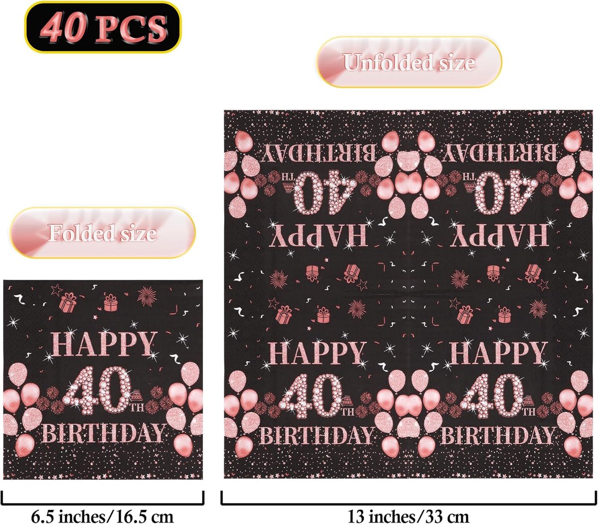 SnelShoppen - 40e Verjaardag Decoraties Papieren Servetten - 40 Stuks Zwart Roze Goud Wegwerp Servetten voor Vrouwen - Elegante Tafeldecoratie voor 40