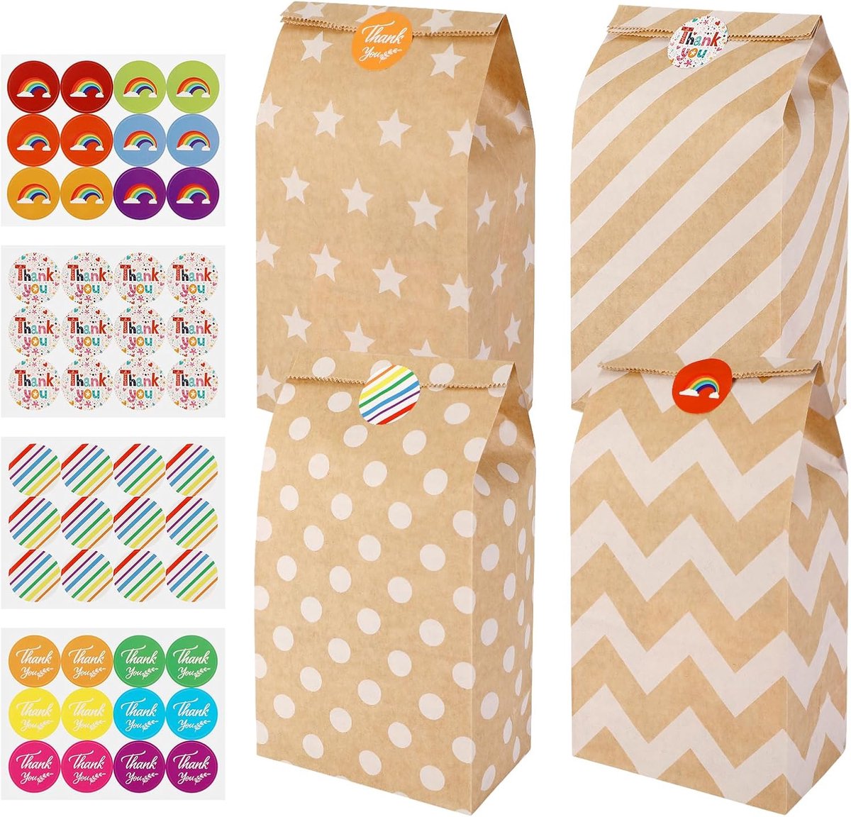 Thijox - 20 Bruine Papieren Zakjes voor Geschenken met 48 Stickers - Kraftpapier Verpakkingszakken voor Kinderverjaardag, Kerst en Feestelijke Gelegen