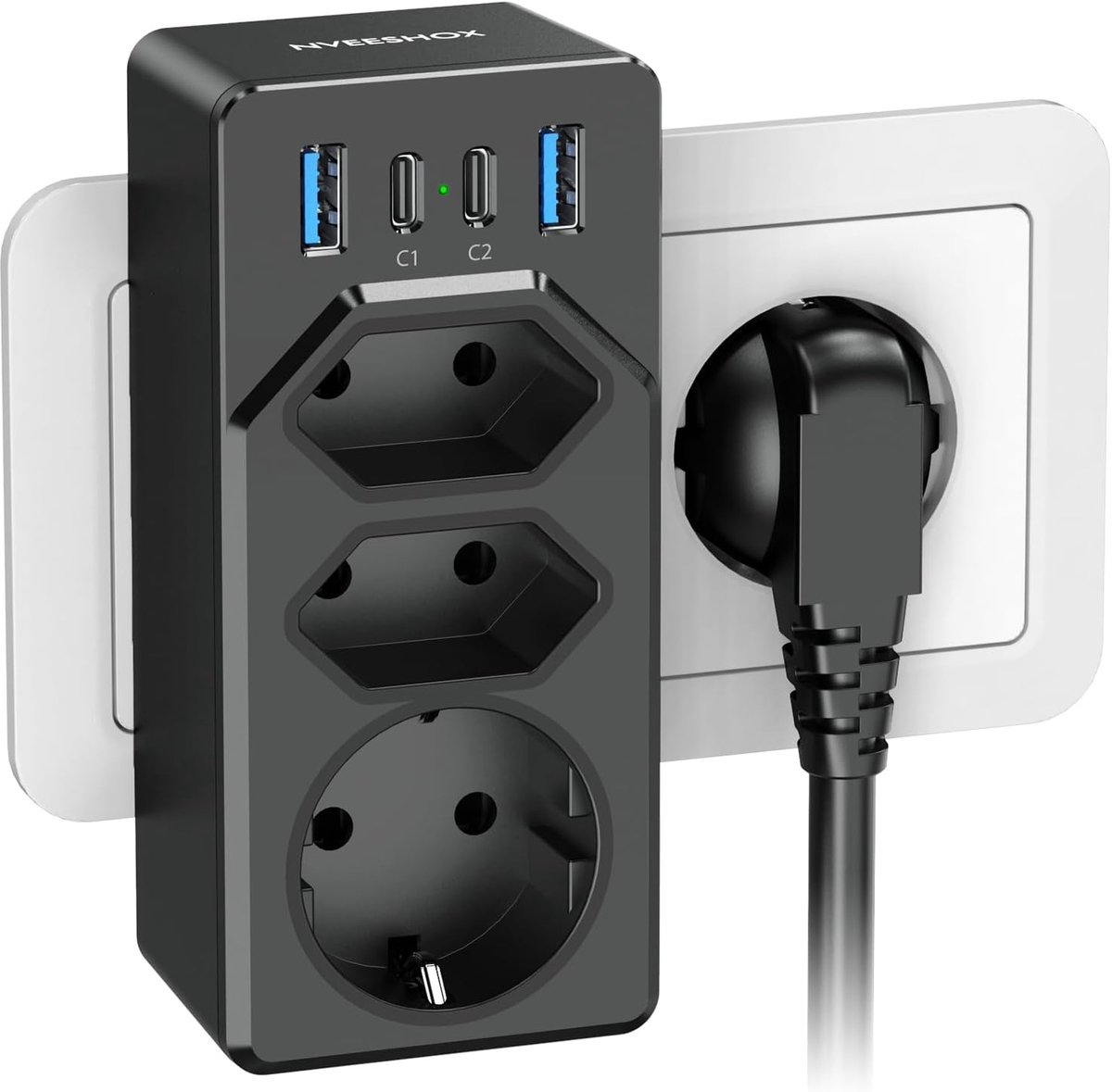 SnelShoppen - NVEESHOX USB Meerdere Stopcontacten Powerstrip met 3 USB Poorten, 4 Stekkers, 2 Meter Snoer, Geschikt voor Thuis, Kantoor, Reis en Campi