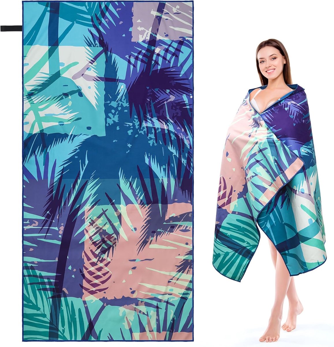 SnelShoppen - Strandlaken 90 x 180 cm Microvezel - Compact en Sneldrogend Strandlaken XXL - Zandvrije Badhanddoek met Turquoise Palm Patronen voor Vak