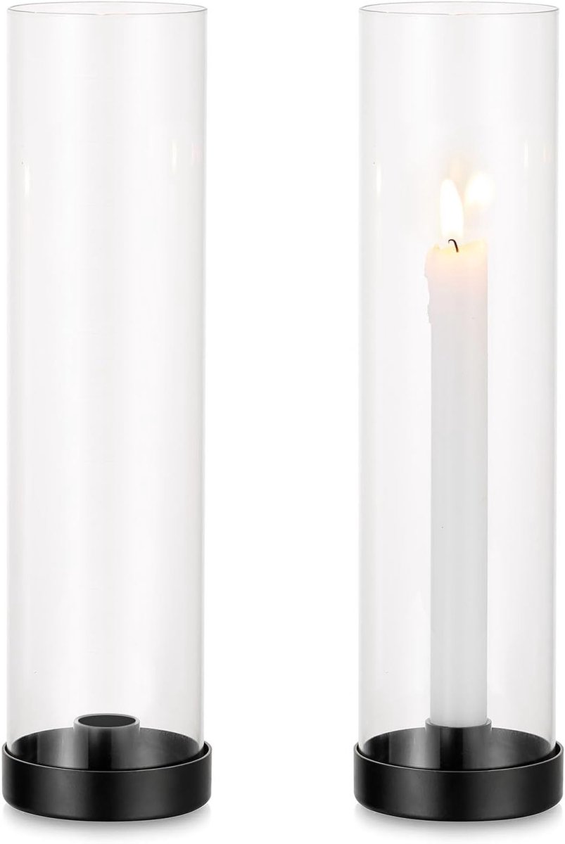 Kandelaar met glazen cilinder voor staande kaarsen - 2 metalen kandelaren voor feestelijke decoratie, bruiloften en diners